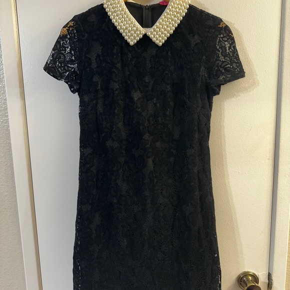 Betsey Johnson Flocked Lace Pearl Collar Dress Wednesday Adams - Picture 3 of 8